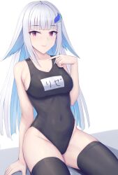 Rule 34 | 1girl, absurdres, black one-piece swimsuit, black thighhighs, blue hair, blunt bangs, breasts, closed mouth, collarbone, colored inner hair, commentary request, flipped hair, gradient hair, hair ornament, hairclip, highres, lize helesta, long hair, medium breasts, multicolored hair, name tag, nijisanji, ohguro mariya, one-piece swimsuit, purple eyes, school swimsuit, sidelocks, simple background, sitting, smile, solo, swimsuit, thighhighs, translated, virtual youtuber, white background, white hair