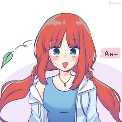 Rule 34 | 1girl, alternate costume, artist name, blue eyes, blue jacket, blue shirt, commentary, english commentary, english text, genshin impact, highres, jacket, jewelry, leaf, makoto 774, necklace, nilou (genshin impact), red hair, shirt, simple background, solo, twintails