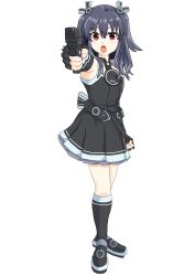 Rule 34 | absurdres, angry, armpits, bare shoulders, black hair, breasts, collar, dress, gun, hair ornament, hairclip, highres, long hair, neptune (series), oeee kaki, open mouth, red eyes, ribbon, shoes, skirt, small breasts, socks, thighs, tsundere, twintails, two side up, uni (neptunia), weapon
