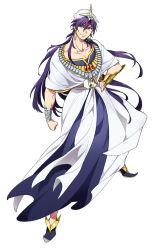 Rule 34 | 1boy, bad id, bad pixiv id, dalc rose, full body, hand on own hip, jewelry, long hair, looking at viewer, magi the labyrinth of magic, male focus, purple hair, simple background, sinbad (magi), solo, turban, white background, yellow eyes