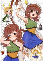 Rule 34 | 3girls, b nosk101, black hair, blonde hair, blue dress, blue eyes, blue shirt, blue shorts, blush stickers, brown eyes, brown hair, circlet, closed mouth, detached sleeves, dragon ball, dragon horns, dragon tail, dress, green dress, green shirt, green skirt, highres, horns, kicchou yachie, long hair, low twintails, monkey tail, multicolored clothes, multicolored dress, multiple girls, multiple views, nippaku zanmu, oni horns, open mouth, parody, red eyes, ruyi jingu bang, shirt, short hair, shorts, single detached sleeve, skirt, smile, son biten, super saiyan, tail, touhou, turtle shell, twintails, unfinished dream of all living ghost, white sleeves, yellow dress, yellow horns