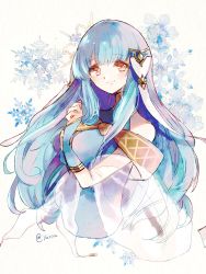 Rule 34 | 1girl, blue hair, closed mouth, fire emblem, fire emblem: the blazing blade, highres, long hair, ninian, nintendo, red eyes, smile, snowflakes, solo, twitter username, upper body, yuuri (114916)