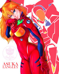 Rule 34 | 1girl, absurdres, artist request, blue eyes, bodysuit, brown hair, character name, cowboy shot, curvy, eva 02, hair between eyes, highres, lips, long hair, looking at viewer, mecha, neon genesis evangelion, plugsuit, red bodysuit, robot, shiny clothes, simple background, smile, solo, souryuu asuka langley, turtleneck, two side up, white background, wide hips