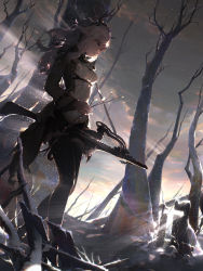 Rule 34 | 1girl, absurdres, antlers, arknights, backlighting, bare tree, black gloves, black pantyhose, black shorts, bow (weapon), branch, breasts, cloud, crossbow, day, dutch angle, fingerless gloves, firewatch (arknights), forest, gloves, grey hair, highres, hiya (user dvyd4375), holding, holding branch, horns, jacket, light particles, light rays, light smile, long hair, long sleeves, nature, outdoors, pantyhose, pantyhose under shorts, shirt, shorts, sky, solo, sunlight, tree, walking, weapon, white shirt