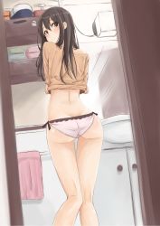 Rule 34 | 1girl, ass, back, basin, black hair, blush, brown eyes, butt crack, clothes lift, cupboard, doorway, dutch angle, from behind, hair between eyes, highres, indoors, kneepits, lace, lace-trimmed panties, lace trim, long hair, looking at viewer, looking back, midriff, original, panties, pink towel, pov doorway, rucchiifu, school uniform, shirt lift, side-tie panties, solo, standing, tareme, taut clothes, thigh gap, thighs, towel, underwear, undressing, white panties