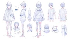 Rule 34 | 1boy, absurdres, animal ears, bandaged leg, bandages, barefoot, blindfold, blue eyes, character sheet, commentary, dog, fake animal ears, ghost tail, grey hair, highres, hood, hoodie, looking at viewer, male focus, nabi (uz02), oshiro ito, second-party source, shirt, simple background, vee (vtuber), veil, virtual youtuber, white background, white hoodie, white shirt