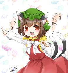 Rule 34 | 1226 waka, 1girl, :3, animal ears, brown hair, cat ears, cat tail, chen, earrings, fang, green hat, hat, highres, jewelry, mob cap, multiple tails, nekomata, paw print, pointing, single earring, solo, tail, touhou, two tails