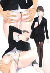 Rule 34 | 1girl, absurdres, ama mitsuki, ass, ass grab, bag, black bag, black footwear, black pantyhose, black skirt, blush, bow, bow panties, brown eyes, brown hair, closed eyes, closed mouth, collared shirt, covering one eye, eighth note, formal, from behind, hand on another&#039;s thigh, highres, holding, holding phone, lips, looking to the side, multiple views, musical note, non-web source, official art, original, out of frame, panties, pantyhose, pencil skirt, phone, satin panties, scan, shirt, short hair, shoulder bag, skirt, skirt suit, solo focus, suit, thong, underwear, walking, white shirt