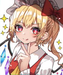 Rule 34 | 1girl, ascot, blonde hair, crystal wings, flandre scarlet, hat, hat ribbon, highres, kiui (dagk8254), medium hair, mob cap, red eyes, red ribbon, ribbon, side ponytail, simple background, solo, sparkle, sparkling eyes, tongue, tongue out, touhou, upper body, white background, yellow ascot