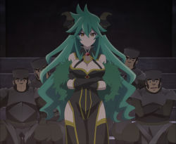 Rule 34 | 1girl, 4boys, breasts, cleavage, green hair, groza (shirroneko project), highres, horns, large breasts, long hair, multiple boys, shironeko project, stitched, tagme, third-party edit, yellow eyes