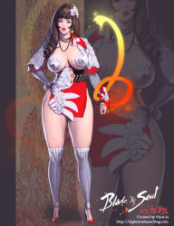 Rule 34 | 10s, 1girl, blade &amp; soul, breasts, brown hair, cleavage, collar, curly hair, curvy, earrings, fantasy, high heels, hyulla, japanese clothes, jewelry, large breasts, lipstick, long hair, looking at viewer, makeup, open mouth, original, red eyes, red lips, shoes, thighhighs, thighs, underboob, watermark, zoom layer