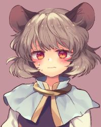 Rule 34 | 1girl, animal ears, black vest, blush, cape, commentary request, grey hair, long sleeves, looking at viewer, mouse ears, nazrin, pink background, red eyes, shirt, short hair, solo, sweatdrop, tomobe kinuko, touhou, upper body, vest, wavy mouth, white shirt