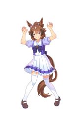 Rule 34 | 1girl, animal ears, blouse, brown hair, claw pose, full body, grin, highres, horse ears, horse girl, horse tail, looking at viewer, multicolored hair, official art, purple eyes, purple shirt, school uniform, serafuku, shinko windy, shirt, short hair, smile, solo, standing, tail, thighhighs, transparent background, two-tone hair, umamusume, white hair, white thighhighs