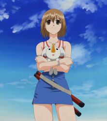Rule 34 | 00s, 1girl, animal, belt, blue sky, bracelet, breasts, brown eyes, brown hair, dual wielding, elie, frontal view, holding, holding animal, jewelry, medium breasts, miniskirt, necklace, pencil skirt, plue, rave, screencap, short hair, side slit, skirt, sky, solo, standing, stitched, tank top, thighs, third-party edit, tonfa, weapon