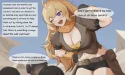 Rule 34 | 1girl, 3boys, ;d, belt, bike shorts, black gloves, blonde hair, breasts, brown belt, brown shirt, cameltoe, child, cleavage, english text, gloves, highres, large breasts, long hair, looking at another, looking down, midriff, multiple boys, navel, one eye closed, open mouth, rwby, shirt, smile, solo focus, speech bubble, teeth, upper teeth only, wangxiii, yang xiao long