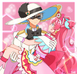 Rule 34 | 1boy, 1girl, absurdres, apron, back bow, black bow, black mask, black pepper (precure), blue eyes, blush, boots, bow, carrying, closed mouth, cone hair bun, cure precious, delicious party precure, double bun, earrings, expressionless, flower, frilled hairband, frills, gloves, grey hair, hair bow, hair bun, hair flower, hair ornament, hairband, hat, hat ornament, heart, heart background, heart hat ornament, hetero, highres, jewelry, knee boots, kneehighs, kome-kome (precure), large bow, long hair, looking at another, looking at viewer, magical girl, mask, nagomi yui, pink background, pink bow, pink hair, pink hairband, pink skirt, pink socks, precure, princess carry, profile, purple eyes, saki (pixiv90771732), shinada takumi, shiny skin, skirt, smile, socks, two side up, white apron, white footwear, white gloves, white hat