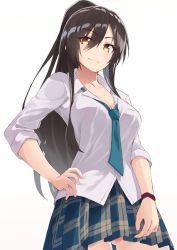 Rule 34 | 1girl, absurdres, black hair, blush, breast pocket, breasts, cleavage, collarbone, gluteal fold, hand on own hip, highres, idolmaster, idolmaster shiny colors, large breasts, long hair, looking at viewer, necktie, pocket, ponytail, school uniform, shirase sakuya, shirt, shunichi, skirt, solo, yellow eyes