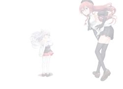 Rule 34 | 10s, 2girls, blue eyes, breasts, female focus, highres, lilith, multiple girls, pale color, red eyes, red hair, skirt, trinity seven, white background, white hair