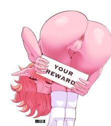 Rule 34 | 1girl, anus, ass, bent over, blush, chronoa, cleft of venus, colored skin, dragon ball, dragon ball heroes, dragon ball xenoverse, from behind, highres, holding, holding sign, looking at viewer, looking back, medium hair, mlix, nude, pink hair, pink skin, pointy ears, presenting, pussy, sign, solo, white footwear