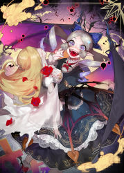 Rule 34 | 2girls, absurdres, bad id, bad pixiv id, bat (animal), bat wings, bleeding, blonde hair, blood, blood drip, blue dress, blue eyes, breasts, dress, drill hair, facing away, fang, fantasy, fingernails, flower, frilled skirt, frills, grey hair, highres, horror (theme), interlocked fingers, large breasts, long hair, long sleeves, looking at viewer, multiple girls, nail polish, ohisashiburi, open mouth, original, pointy ears, red footwear, red nails, rose, sharp fingernails, shoes, skirt, spread wings, symbol in eye, twin drills, vampire, white dress, wide sleeves, wings, yuri