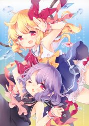 Rule 34 | 2girls, absurdres, alternate costume, aogiri sei, arm up, ascot, bare shoulders, bat wings, black shirt, blonde hair, bloomers, blue skirt, blush, bow, cowboy shot, crystal, fang, flandre scarlet, hair bow, highres, light purple hair, long hair, looking at viewer, miniskirt, multiple girls, no headwear, one eye closed, open mouth, pink ascot, red bow, red eyes, remilia scarlet, sailor collar, scan, shirt, siblings, sisters, skirt, sleeveless, sleeveless shirt, touhou, underwear, white bloomers, white sailor collar, white shirt, wings, wrist cuffs, yellow ascot