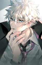 Rule 34 | blue eyes, charles-henri sanson (fate), commentary request, expressionless, fate/grand order, fate (series), glasses, hand on own chin, highres, jacket, light particles, long sleeves, looking away, male focus, necktie, pink necktie, seiya ingen, shirt, short hair, solo, sparkle, twitter username, upper body, white hair, white shirt