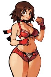 Rule 34 | &gt;:), 1girl, bra, breasts, brown eyes, brown hair, choker, clenched hands, clothes writing, commentary, cowboy shot, eduedude, english commentary, english text, fingerless gloves, gloves, highres, hinomoto reiko, lips, looking at viewer, medium breasts, midriff, navel, open fly, panties, red bra, red ribbon, red shorts, ribbon, rumble roses, short hair, short shorts, shorts, simple background, thick thighs, thighs, unbuttoned, underwear, unzipped, v-shaped eyebrows, white background, white panties, wrestling outfit