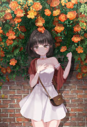 Rule 34 | 1girl, absurdres, armpit crease, bare legs, bare shoulders, black hair, blush, breasts, brick, brick wall, brown eyes, choker, collarbone, dress, flower, hand on own chest, highres, leaf, looking at viewer, medium breasts, nature, original, scarf, short hair, skirt, smile, standing, summer, trumpet creeper, waistband, yuchae