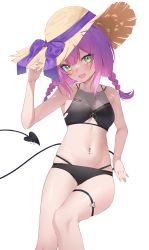 Rule 34 | 1girl, :d, absurdres, bikini, black bikini, blush, braid, brown hat, demon tail, fang, green eyes, hair ribbon, hand on headwear, hat, highres, hololive, jmao, looking at viewer, multicolored hair, navel, navel piercing, o-ring, o-ring thigh strap, open mouth, piercing, pink hair, purple hair, purple ribbon, ribbon, sidelocks, simple background, smile, solo, sun hat, swimsuit, tail, tail ornament, tail piercing, thigh strap, tokoyami towa, twin braids, twintails, two-tone hair, virtual youtuber, white background