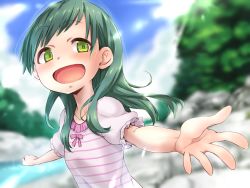 Rule 34 | 1girl, :d, blue sky, blurry, blurry background, blush, bow, breasts, cloud, cloudy sky, collarbone, day, depth of field, esoragoto, green eyes, green hair, highres, looking at viewer, minobiyo, open mouth, outdoors, outstretched arms, pink bow, pink shirt, puffy short sleeves, puffy sleeves, shirt, short sleeves, sky, small breasts, smile, solo, spread arms, stream, striped clothes, striped shirt, tareme, tree, upper body