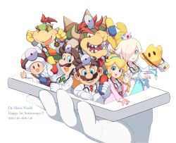 Rule 34 | 2girls, 5boys, :d, anniversary, aqua dress, arms up, blonde hair, blue eyes, blue necktie, bowser, bowser jr., bracelet, brothers, brown hair, cellphone, claws, closed mouth, coat, commentary request, copyright name, crown, dated, dr. bowser, dr. luigi, dr. mario, dr. mario (game), dr. mario world, dr. peach, dr. rosalina, dress, earrings, eyelashes, facial hair, fang, fangs, frilled sleeves, frills, gem, giant hand, gloves, green necktie, hair over one eye, hand up, head mirror, headband, high ponytail, holding, holding phone, horns, hoshikuzu pan, jewelry, lab coat, long hair, long sleeves, looking at viewer, luigi, luma (mario), mario, mario (series), multiple boys, multiple girls, mustache, necktie, nintendo, one eye covered, open clothes, open coat, open mouth, orange necktie, parted bangs, phone, pill, pink coat, ponytail, princess peach, red hair, red necktie, rosalina, shell, shirt, short hair, siblings, sidelocks, simple background, smartphone, smile, spiked shell, spikes, stethoscope, swept bangs, teeth, toad (mario), upper teeth only, wavy hair, white background, white coat, white gloves, white shirt, wide sleeves