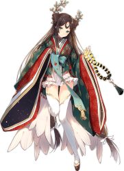 Rule 34 | 1girl, antlers, aqua eyes, aqua sash, ark order, beads, black hair, blush, closed mouth, crescent, dress, facial mark, feather trim, feathers, forehead mark, full body, gold trim, green kimono, hair ribbon, holding, horns, japanese clothes, kaguya hime (ark order), kamon (shinshin), kimono, layered clothes, layered kimono, long hair, long sleeves, looking at viewer, low-tied long hair, low twintails, mole, mole under eye, official art, prayer beads, ribbon, sash, smile, solo, tachi-e, thighhighs, toeless legwear, transparent background, twintails, two side up, white dress, white feathers, white ribbon, white thighhighs, wide sleeves