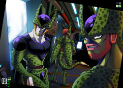 Rule 34 | 3boys, blue eyes, cell (dragon ball), character name, closed mouth, colored skin, commentary request, dragon ball, dragonball z, grey skin, highres, imperfect cell, indoors, light smile, looking back, looking to the side, male focus, multiple boys, multiple persona, muscular, naomi (nplusn), parted lips, perfect cell, pink lips, red eyes, semi-perfect cell, tail, teeth, watermark, wings