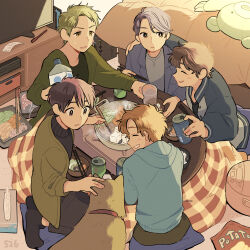 Rule 34 | 5boys, :t, absurdres, bed, black hair, black socks, blue jacket, bottle, brown eyes, brown hair, can, carrot, chewing, chips (food), chopsticks, closed eyes, comforter, cooking pot, cup, drink, drinking glass, facing another, food, forehead, from above, futon, green hair, green shirt, grin, highres, holding, holding bottle, holding can, holding chopsticks, hot plate, hotpot, jacket, kojiro337, lettuce, multiple boys, nabe, no shoes, orange hair, original, parted bangs, pillow, potato chips, rice cooker, seiza, shiba inu, shirt, short hair, sitting, smile, socks, swept bangs, television, tofu, water bottle