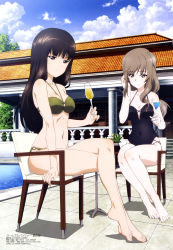 Rule 34 | 10s, 2girls, absurdres, bare shoulders, barefoot, bikini, black hair, black one-piece swimsuit, blush, breasts, brown eyes, brown hair, casual one-piece swimsuit, chair, champagne flute, cleavage, cloud, cocktail glass, covered navel, crossed legs, cup, curvy, day, drink, drinking glass, feet, full body, girls und panzer, green bikini, highres, holding, holding cup, long hair, looking at viewer, mature female, medium breasts, megami magazine, multiple girls, navel, nishizumi shiho, o-ring, o-ring bikini, official art, one-piece swimsuit, plant, poolside, scan, shimada chiyo, sitting, sky, smile, swimsuit, tile floor, tiles, toes, tree, wang guo nian, water