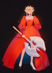 Rule 34 | 1girl, axe, aymr (fire emblem), blush, breasts, cape, closed mouth, dress, edelgard von hresvelg, fire emblem, fire emblem: three houses, hair ornament, holding, holding axe, horns, long hair, long sleeves, meyoco, nintendo, red cape, ribbon, simple background, smile, solo, weapon, white hair