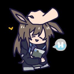 Rule 34 | 1girl, :3, = =, amiya (arknights), animal ears, animated, arknights, black jacket, brown hair, chibi, chinese commentary, crossed arms, hair between eyes, hand on another&#039;s head, headpat, holding, holding paper, jacket, kyou 039, long hair, long sleeves, looping animation, lowres, open clothes, open jacket, paper, rabbit ears, solo, speech bubble, transparent background