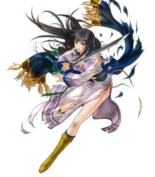 Rule 34 | 1girl, bare shoulders, black hair, boots, breasts, brown footwear, dirty, fire emblem, fire emblem: the blazing blade, fire emblem heroes, full body, grey eyes, highres, holding, holding sword, holding weapon, injury, karla, kita senri, knee boots, long hair, long sleeves, looking at viewer, medium breasts, nintendo, non-web source, official art, ryona, scar, solo, sword, torn clothes, transparent background, weapon