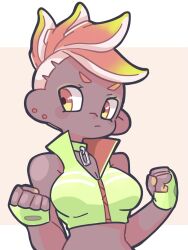 Rule 34 | 1girl, brown background, clenched hand, closed mouth, commentary, crop top, cropped jacket, dark-skinned female, dark skin, fingerless gloves, gloves, green gloves, green jacket, hekoningyou (waraningyou), highres, jacket, looking to the side, mohawk, nintendo, octoling, octoling girl, octoling player character, orange eyes, orange hair, short hair, sleeveless, sleeveless jacket, solo, splatoon (series), symbol-only commentary, tentacle hair, two-tone background, upper body, v-shaped eyebrows, white background
