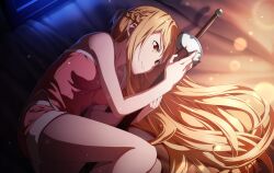 Rule 34 | 1girl, asuna (sao), bare arms, bare legs, bed sheet, braid, breasts, brown eyes, closed mouth, collarbone, crown braid, female focus, from above, holding, holding sheath, holding sword, holding weapon, indoors, lambent light, lens flare, light brown hair, long hair, lying, medium breasts, on side, pink shirt, pink shorts, rapier, sheath, sheathed, shirt, short shorts, shorts, sleeveless, sleeveless shirt, smile, solo, sword, sword art online, very long hair, weapon