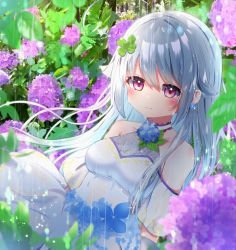 Rule 34 | 1girl, ahoge, blush, breasts, cleavage, clover hair ornament, commentary, dress, flower, hair ornament, hydrangea, michiru donut, original, outdoors, pink eyes, rain, silver hair, small breasts, solo, white dress