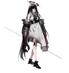 Rule 34 | 1girl, absurdly long hair, absurdres, almmdal, black footwear, black hair, cape, claw (weapon), closed mouth, commentary, dress, expressionless, full body, halo, highres, joints, long hair, looking at viewer, mechanical arms, original, robot joints, scar, scar on face, simple background, sleeveless, sleeveless dress, solo, symbol-only commentary, torn clothes, torn dress, very long hair, weapon, white background, white cape, white dress, yellow eyes