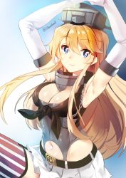 Rule 34 | 10s, 1girl, bad id, bad pixiv id, blonde hair, blue eyes, breasts, cleavage, gloves, hair between eyes, iowa (kancolle), kantai collection, large breasts, long hair, miniskirt, shovelwall, shovelwell, skirt, smile, solo, symbol-shaped pupils, twitter username