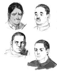 Rule 34 | 4boys, character request, chengongzi123, closed mouth, dark-skinned male, dark skin, facial hair, goatee stubble, golden kamuy, greyscale, grin, highres, kazuo maeyama, koito otonoshin, looking at viewer, looking to the side, male focus, monochrome, multiple boys, mustache, portrait, short hair, simple background, smile, stubble, thick lips, very short hair, white background