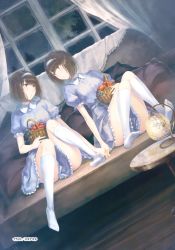 Rule 34 | 2girls, absurdres, apple, artist name, basket, brown hair, couch, curtains, dress, feet, food, frilled dress, frills, fruit, hairband, highres, holding hands, indoors, kneehighs, lamp, matching outfits, multiple girls, night, night sky, no shoes, parted lips, pillow, plant, puffy short sleeves, puffy sleeves, scan, short hair, short sleeves, siblings, sisters, sitting, sky, socks, star (sky), starry sky, strawberry, sugina miki, vines, white legwear, window, yuri