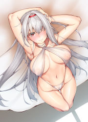 Rule 34 | 1girl, absurdres, armpits, arms up, azur lane, bare shoulders, blush, breasts, breasts apart, colorado (azur lane), commentary, covered erect nipples, from above, groin, hair over one eye, hairband, highres, large breasts, long hair, looking at viewer, miso tanuki, navel, on bed, one-piece swimsuit, red eyes, red hairband, see-through, sideboob, sitting, slingshot swimsuit, solo, sunlight, swimsuit, thigh gap, thighs, white hair, white one-piece swimsuit