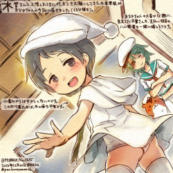 Rule 34 | 10s, 2girls, admiral (kancolle), black eyes, black hair, closed eyes, colored pencil (medium), crossed arms, dated, dress, dutch angle, eyepatch, green hair, hat, kantai collection, kirisawa juuzou, kiso (kancolle), maru-yu (kancolle), multiple girls, non-human admiral (kancolle), numbered, one-piece swimsuit, open mouth, sailor hat, santa hat, school swimsuit, school uniform, serafuku, short hair, swimsuit, swimsuit under clothes, thighhighs, traditional media, translation request, twitter username, white dress, white legwear, white one-piece swimsuit, white school swimsuit