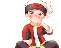 Rule 34 | 1boy, absurdres, bandaid, bandaid on face, bandaid on nose, beanie, blush, brendan (pokemon), closed mouth, commentary request, creatures (company), game freak, hand up, hat, highres, jacket, male focus, nintendo, open clothes, open jacket, pants, pokemon, pokemon adventures, red eyes, red jacket, shirt, short hair, simple background, sitting, solo, tsukimi (tkm 516), white background, white hat, white shirt