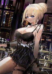 Rule 34 | 1girl, absurdres, asymmetrical legwear, black dress, blonde hair, blue eyes, breasts, cityscape, cowboy shot, crown, dress, earrings, highres, hololive, hololive english, indoors, jewelry, large breasts, looking at viewer, necklace, night, pearl earrings, pearl necklace, photo background, see-through, see-through shirt, short dress, smile, solo, thighhighs, virtual youtuber, vyragami, watson amelia, watson amelia (party dress), zettai ryouiki