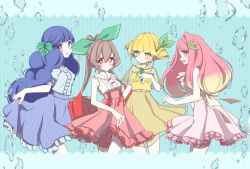Rule 34 | 4girls, air bubble, blonde hair, blue eyes, blue hair, blush, bubble, center frills, commentary request, dress, frilled skirt, frills, gradient background, hair ornament, hair ribbon, hairclip, hand on own chest, high-waist skirt, highres, long hair, looking at viewer, multiple girls, original, personification, petit ramune, pink hair, red eyes, ribbon, skirt, skirt hold, smile, very long hair, yellow eyes